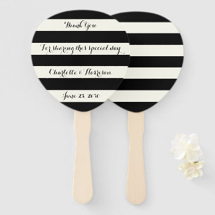 Chic black and ivory stripes script wedding hand fan