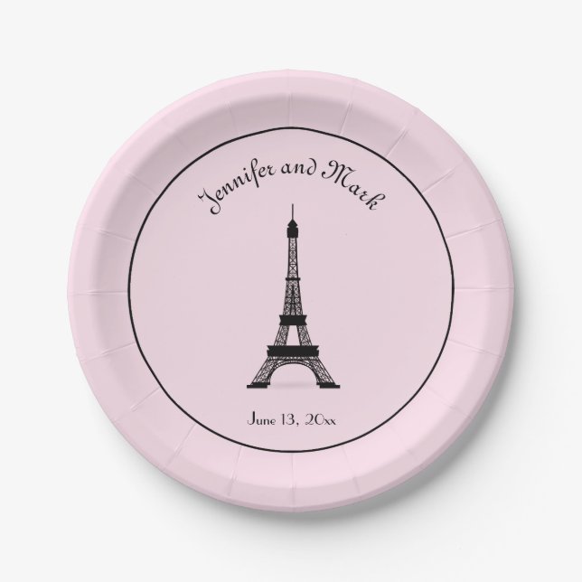 Chic Black and Pink French Eiffel Tower Wedding Paper Plate (Front)