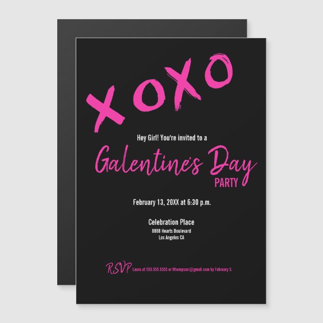 Chic Black and Pink Galentine's Party XOXO Stylish Magnetic Invitation (Front/Back)