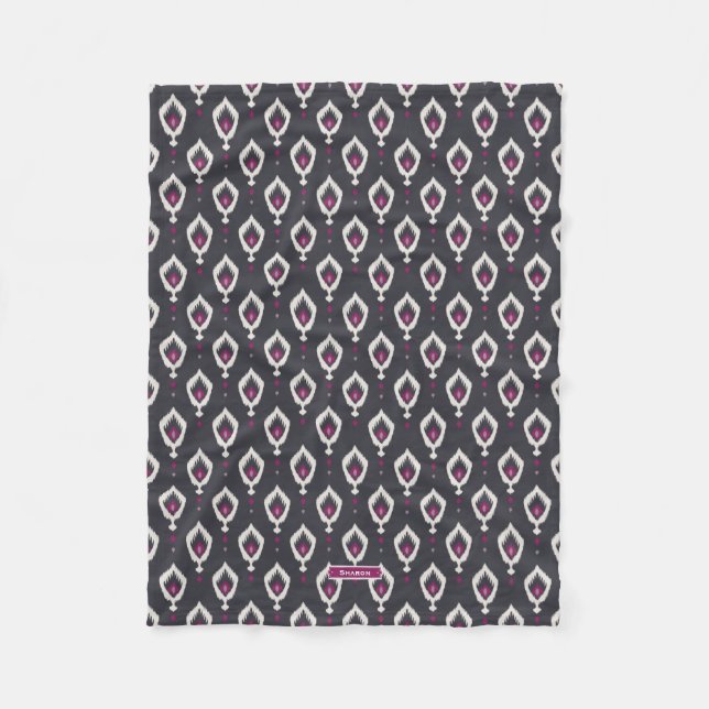 Chic black and purple ikat tribal patterns fleece blanket (Front)