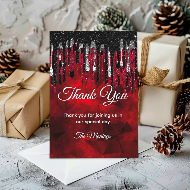 Chic black and red and silver drippings thank you card (Creator Uploaded)