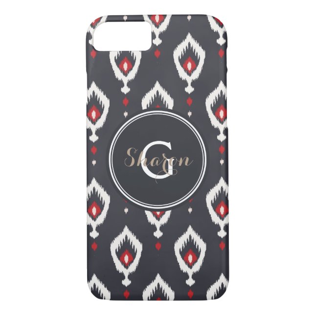 Chic black and red ikat tribal pattern monogram Case-Mate iPhone case (Back)