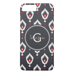Chic black and red ikat tribal pattern monogram iPhone 8 plus/7 plus case