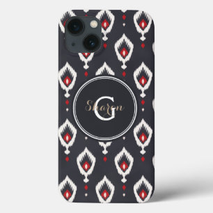 Chic black and red ikat tribal pattern monogram iPhone 13 case