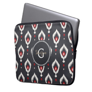 Chic black and red ikat tribal pattern monogram laptop sleeve
