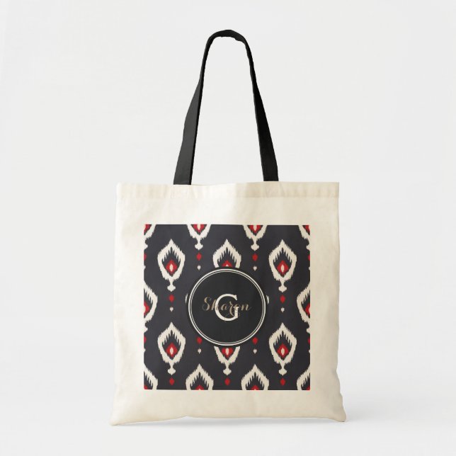 Chic black and red ikat tribal pattern monogram tote bag (Front)