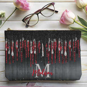 Chic black and red silver glitter drips monogram accessory pouch