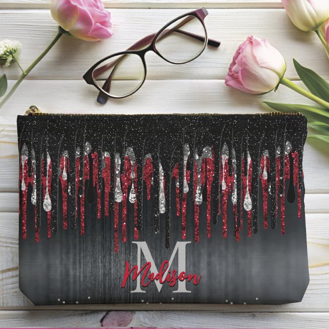 Chic black and red silver glitter drips monogram accessory pouch (Creator Uploaded)