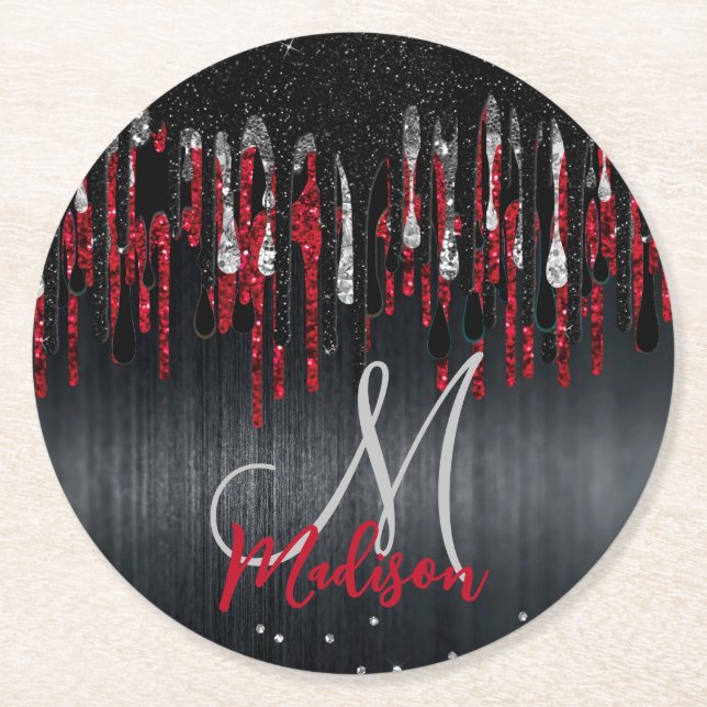 Chic black and red silver glitter drips monogram p round paper coaster (Front)