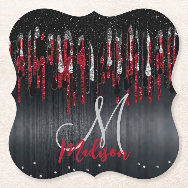 Chic black and red silver glitter drips monogram paper coaster (Front)