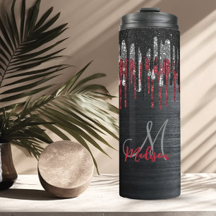 Chic black and red silver glitter drips monogram thermal tumbler