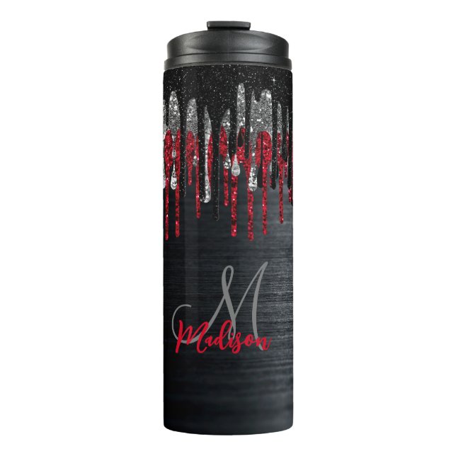 Chic black and red silver glitter drips monogram thermal tumbler (Front)