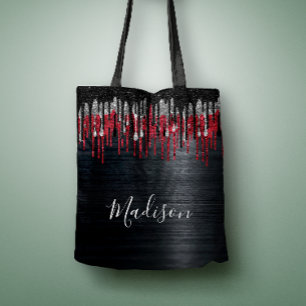 Chic black and red silver glitter drips monogram tote bag