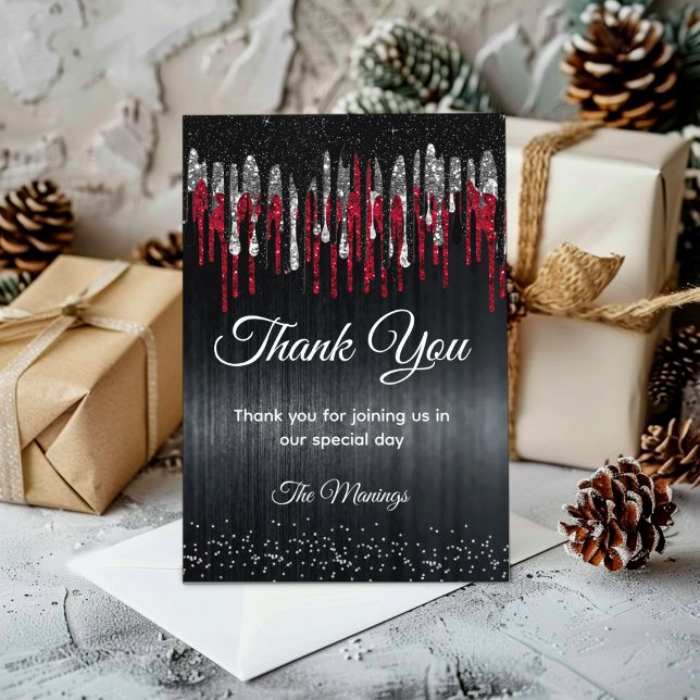Chic black and red silver glitter drips thank you  card (Creator Uploaded)