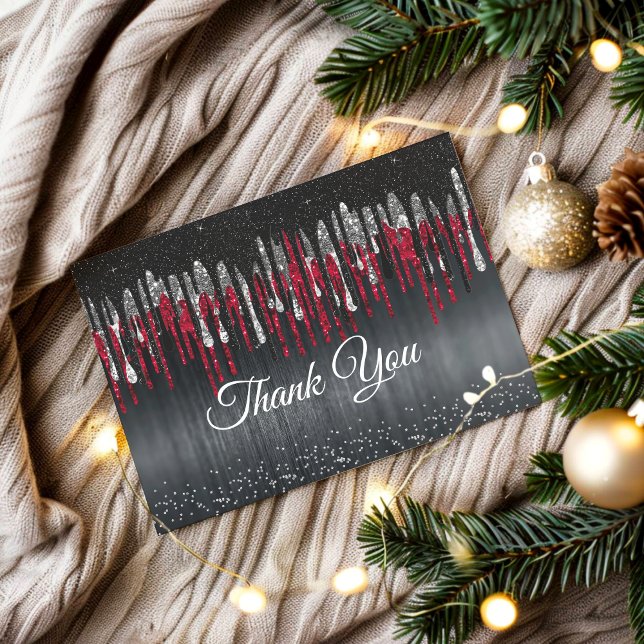 Chic black and red silver glitter drips thank you card (Creator Uploaded)