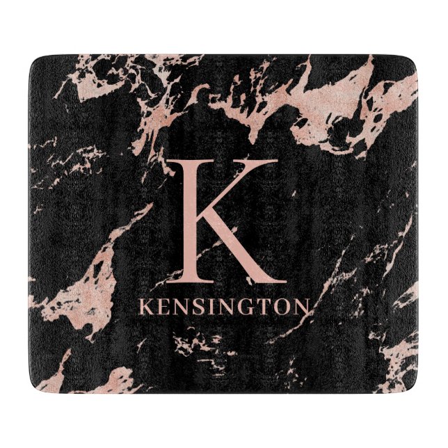 Chic Black and Rose Gold Foil Marble Monogram Cutting Board (Front)