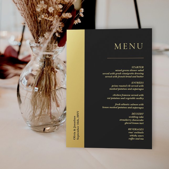Chic Black and Shiny Gold Wedding Table Menu Card (Chic Black and Shiny Gold Wedding Table Menu Card)