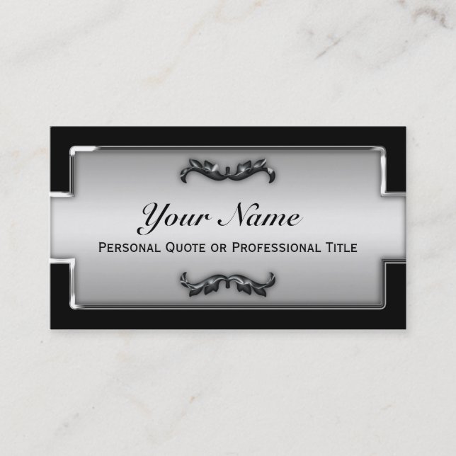 Chic Black and Silver Metallic Business Cards (Front)