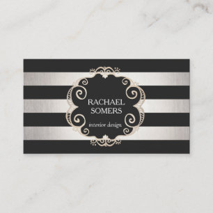 Chic Black and Silver Striped Designer (no shine) Business Card