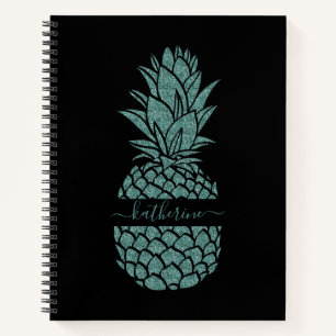 Chic Black and Teal Glitter Pineapple Name Notebook