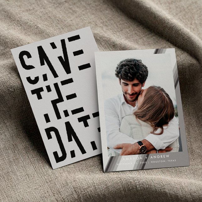 Chic Black and White 70s Stripes Retro Wedding Save The Date (Front / Back)