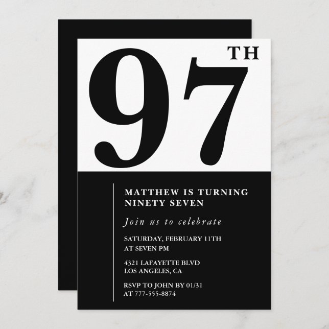 Chic Black and White 97th birthday invitation (Front/Back)