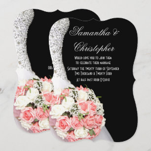 Chic black and white and pink floral wedding invitation