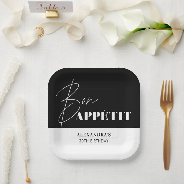 Chic Black and White Bon Appétit Birthday  Paper Plate (Wedding)