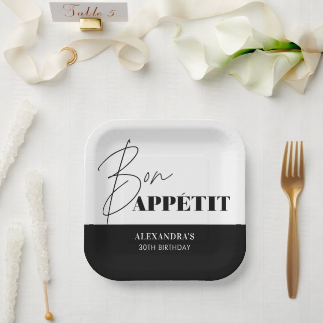 Chic Black and White Bon Appétit Script Birthday  Paper Plate (Wedding)
