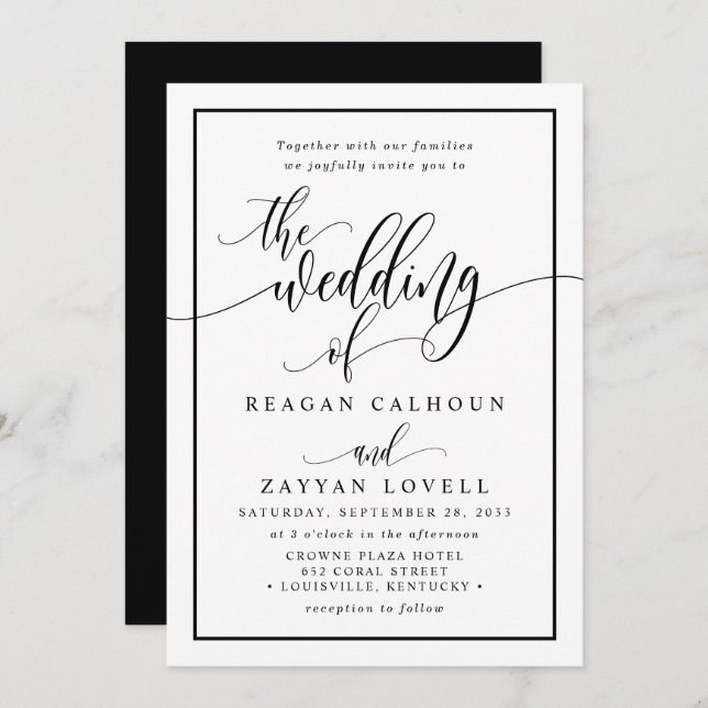 Chic Black And White Calligraphy Script Wedding In Invitation (Front/Back)