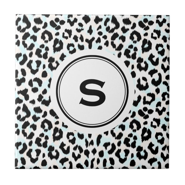 Chic black and white cheetah print monogram ceramic tile (Front)