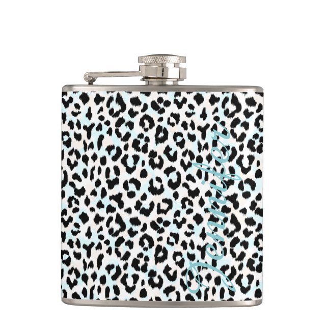 Chic black and white cheetah print monogram hip flask (Front)