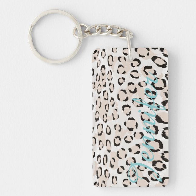Chic black and white cheetah print monogram key ring (Front)