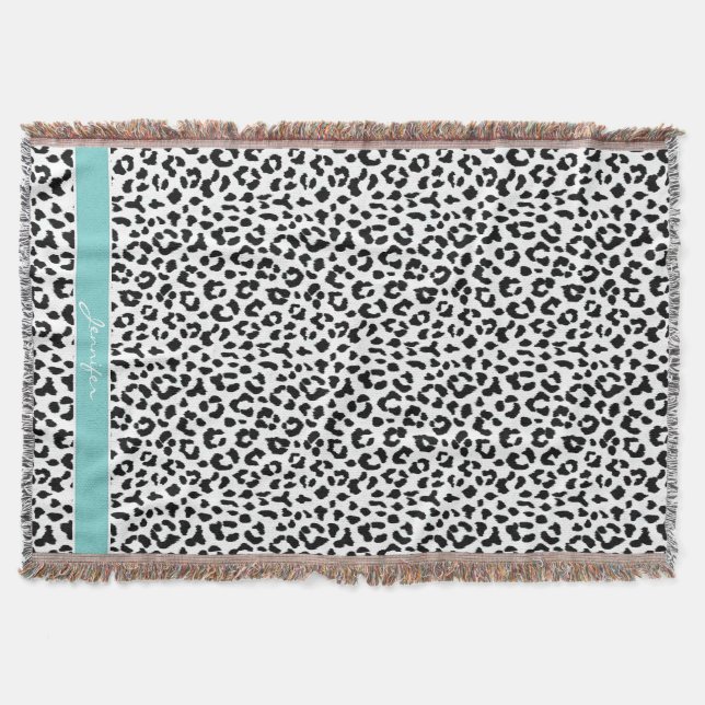 Chic black and white cheetah print monogram throw blanket (Front)