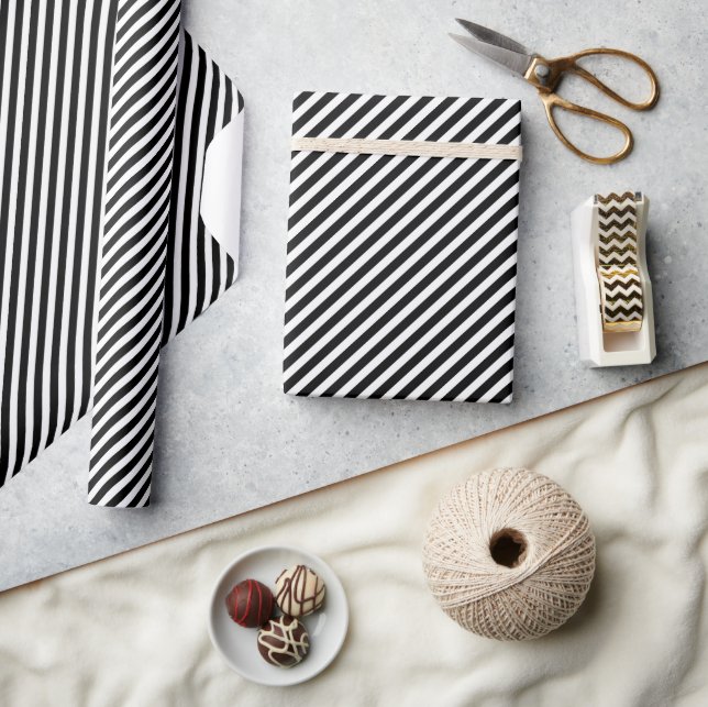 Chic Black And White Diagonal Stripes Pattern Wrapping Paper (Crafts)