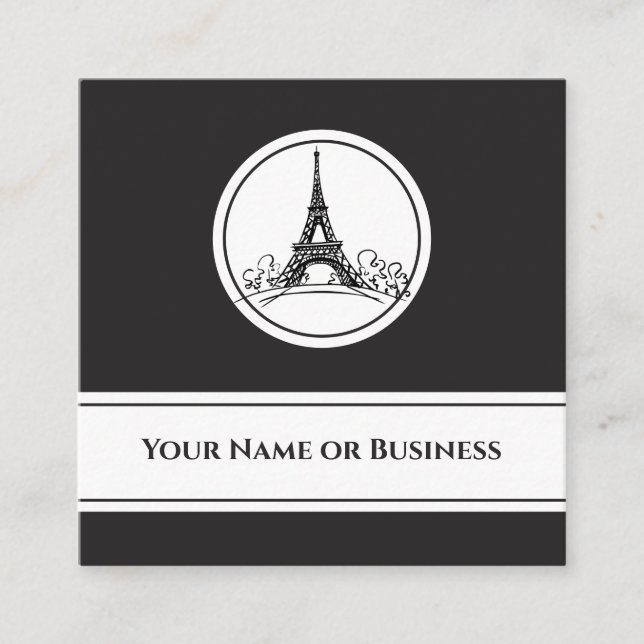 Chic Black and White Eiffel Tower Paris France Square Business Card (Front)