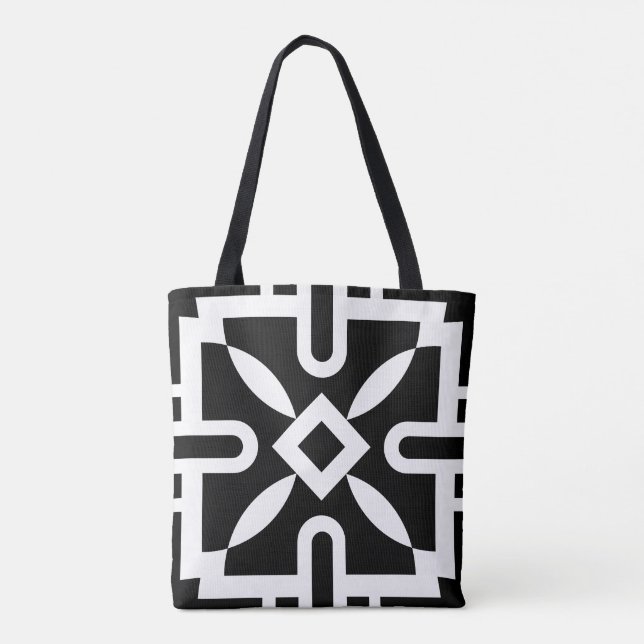Chic Black and White Geometric Diamond Pattern Tote Bag (Back)