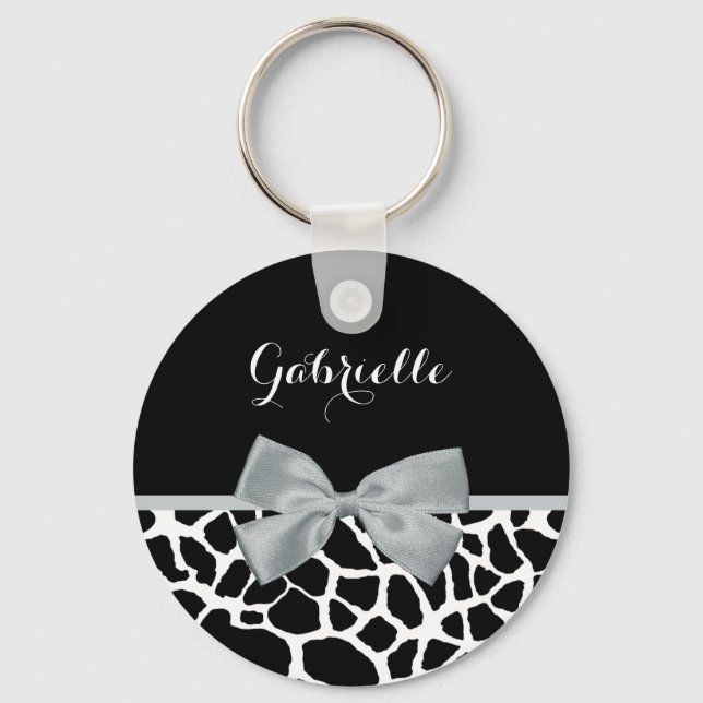 Chic Black and White Giraffe Print Silver Grey Bow Key Ring (Front)