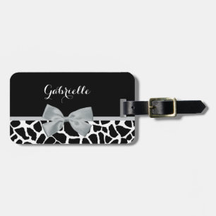 Chic Black and White Giraffe Print Silver Grey Bow Luggage Tag