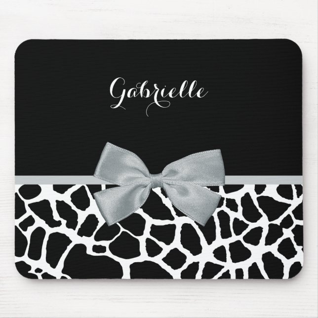 Chic Black and White Giraffe Print Silver Grey Bow Mouse Pad (Front)
