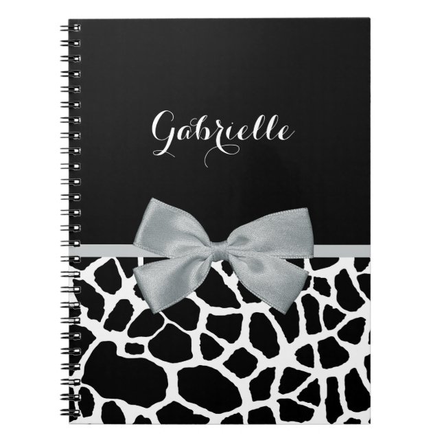 Chic Black and White Giraffe Print Silver Grey Bow Notebook (Front)