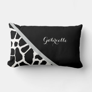 Chic Black and White Giraffe Print With Name Lumbar Cushion