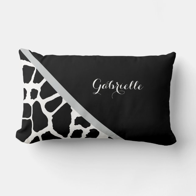 Chic Black and White Giraffe Print With Name Lumbar Cushion (Front)