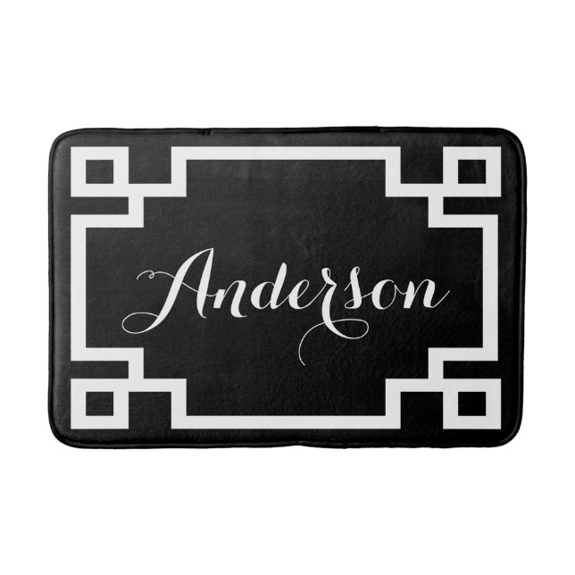 Chic Black and White Greek Key Custom Monogram Bath Mat (Front)