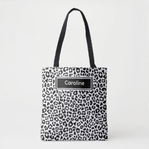 Chic Black and White Leopard Personalised Name Tote Bag