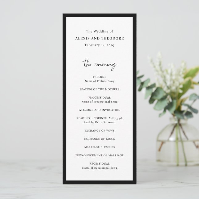 Chic Black and White Modern Wedding Program (Standing Front)