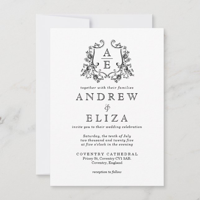 Chic Black and White Monogram Crest Wedding  Invitation (Front)