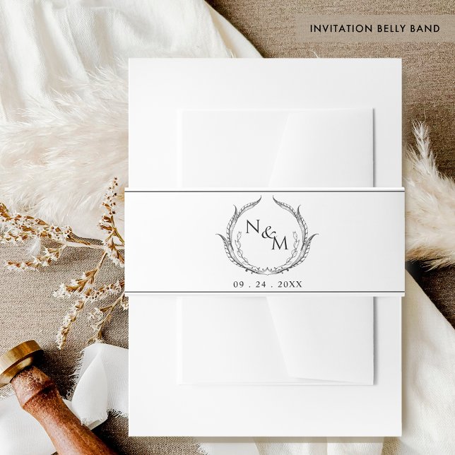 Chic Black and White Monogram Crest Wedding Invitation Belly Band (Creator Uploaded)