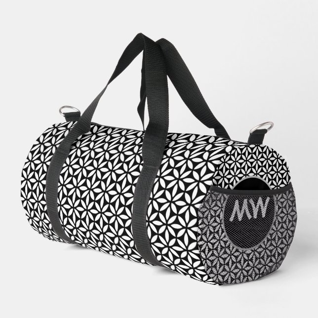 Chic Black and White Monogram Duffel Bag (Right Corner)