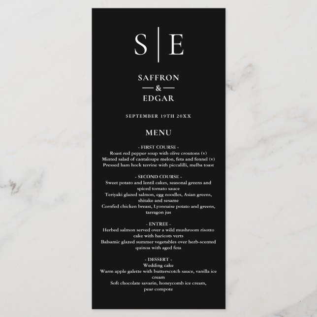 Chic Black And White Monogram Wedding Dinner Menu (Front)